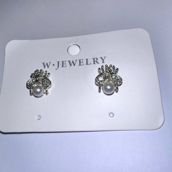 W. Jewelry Jewelry - Bee-Shaped Stud Earrings With Pearl & Rhinestones Insect-Inspired Cute Jewelry B